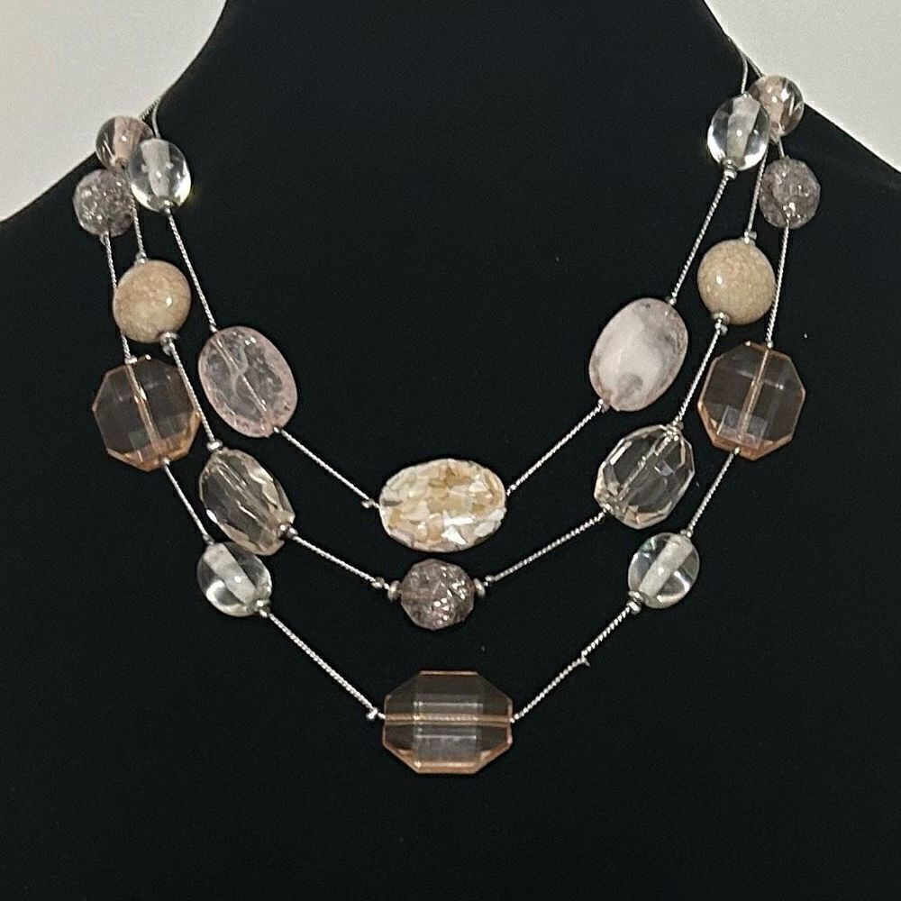 NY & Company Necklace 3 Strand Silver Tone Pink Beige Clear Multi Faceted Beads